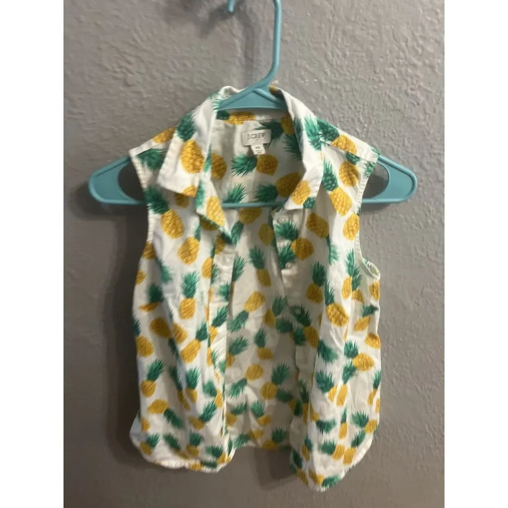 J Crew Shirt Womens Size X Small White Button‎ Up Sleeveless with Pineapples
